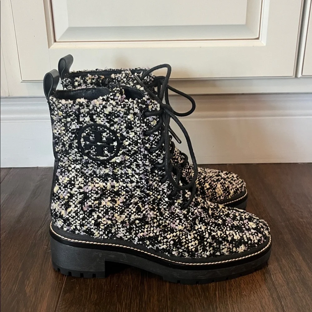 NWT Tory Burch Miller Lug Sole Tweed and Leather Boots